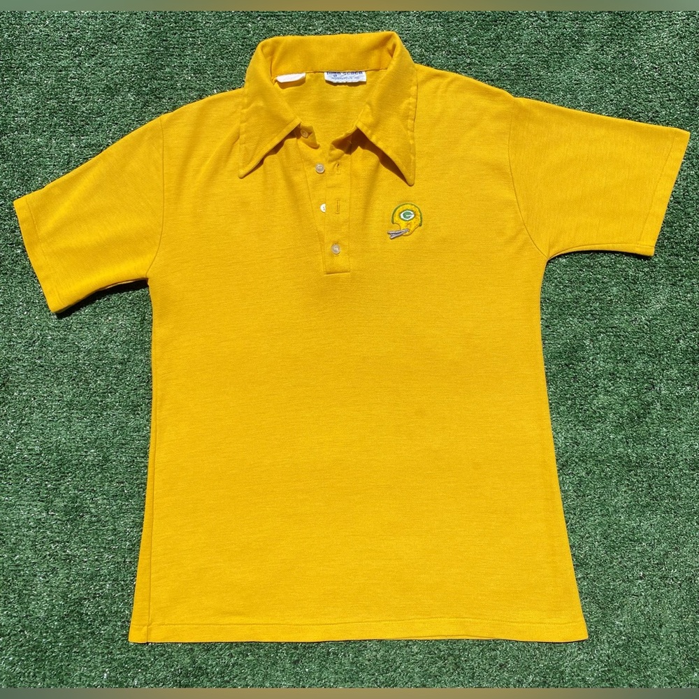 VTG 70’s Green Bay Packers NFL Yellow Poly Cotton Polo Shirt Mens Small USA Made